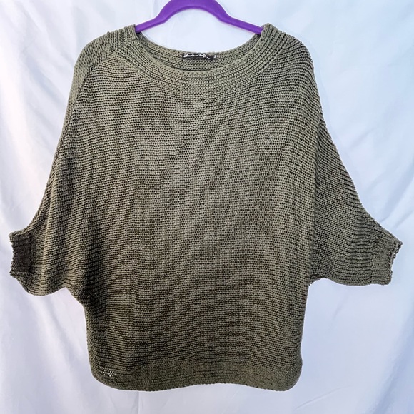 Olive Green Crew Neck Sweater with Dolman Sleeves - Picture 1 of 4
